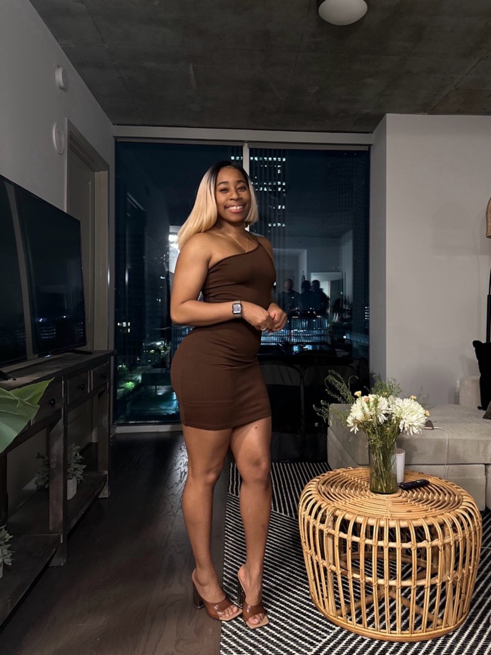 Brown One-Shoulder Bodycon Dress